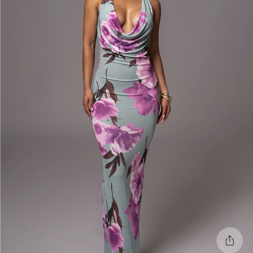 JLUXLABEL Sage Floral Slinky Cowl Neck Maxi Dress NWOT